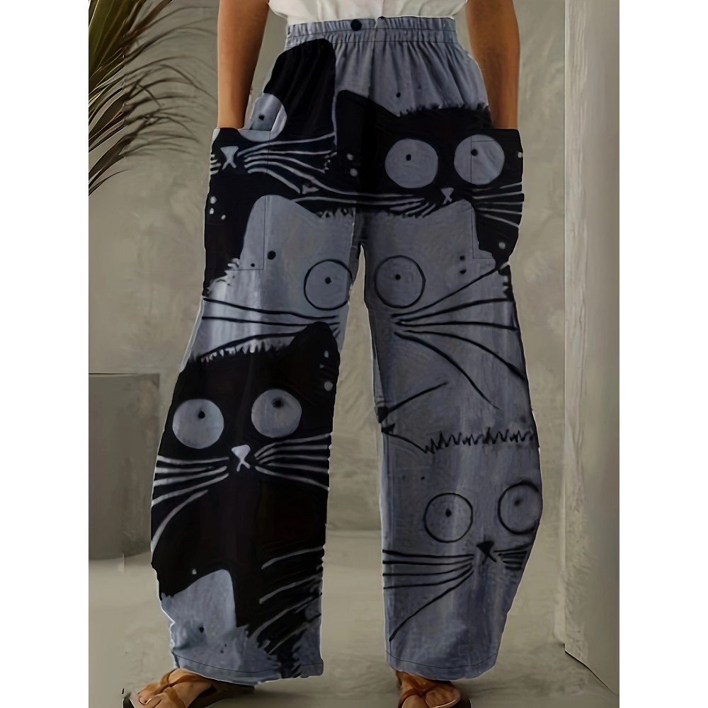 Graffiti Print Wide Leg Pants, Casual Elastic Waist Summer Pants With Pockets, Women's Clothing Graffiti Print Wide Leg Pants, Casual Elastic Waist Summer Pants With Pockets, Women's Clothing