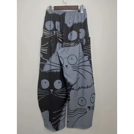 Graffiti Print Wide Leg Pants, Casual Elastic Waist Summer Pants With Pockets, Women's Clothing Graffiti Print Wide Leg Pants, Casual Elastic Waist Summer Pants With Pockets, Women's Clothing