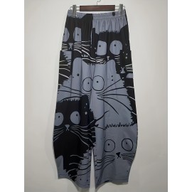 Graffiti Print Wide Leg Pants, Casual Elastic Waist Summer Pants With Pockets, Women's Clothing Graffiti Print Wide Leg Pants, Casual Elastic Waist Summer Pants With Pockets, Women's Clothing