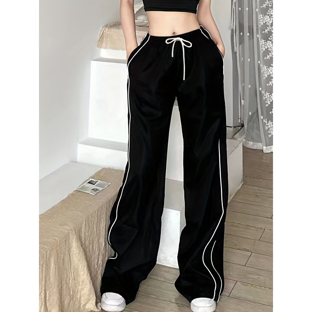 Contrast Binding Drawstring Waist Pants, Y2K Slant Pocket Baggy Pants, Women's Clothing Contrast Binding Drawstring Waist Pants, Y2K Slant Pocket Baggy Pants, Women's Clothing