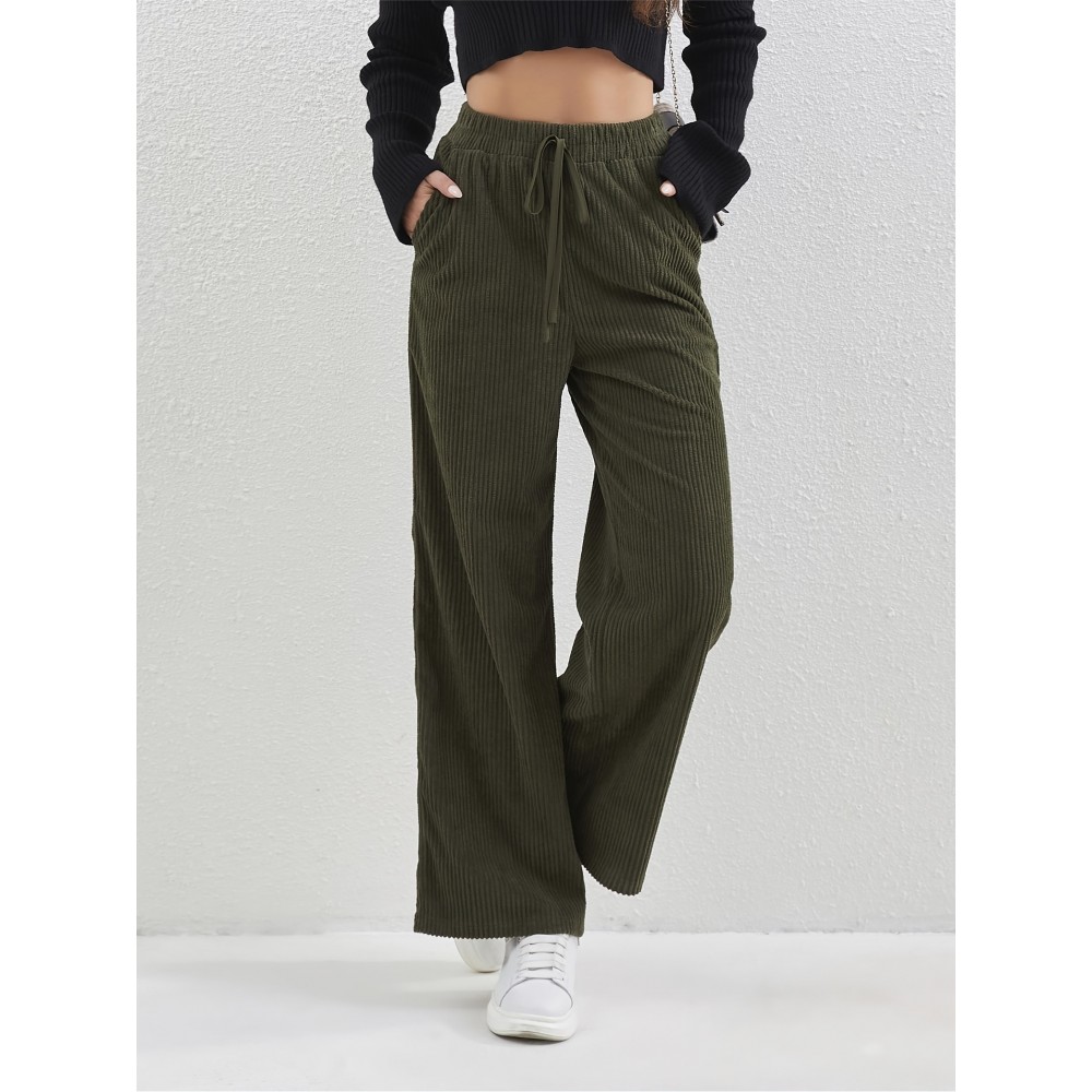 Solid Corduroy Straight Leg Pants, Casual High Waist Loose Pants With Pocket, Women's Clothing Solid Corduroy Straight Leg Pants, Casual High Waist Loose Pants With Pocket, Women's Clothing