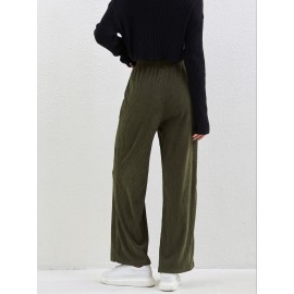 Solid Corduroy Straight Leg Pants, Casual High Waist Loose Pants With Pocket, Women's Clothing Solid Corduroy Straight Leg Pants, Casual High Waist Loose Pants With Pocket, Women's Clothing
