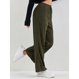 Solid Corduroy Straight Leg Pants, Casual High Waist Loose Pants With Pocket, Women's Clothing Solid Corduroy Straight Leg Pants, Casual High Waist Loose Pants With Pocket, Women's Clothing