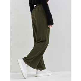 Solid Corduroy Straight Leg Pants, Casual High Waist Loose Pants With Pocket, Women's Clothing Solid Corduroy Straight Leg Pants, Casual High Waist Loose Pants With Pocket, Women's Clothing