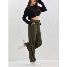 Solid Corduroy Straight Leg Pants, Casual High Waist Loose Pants With Pocket, Women's Clothing Solid Corduroy Straight Leg Pants, Casual High Waist Loose Pants With Pocket, Women's Clothing