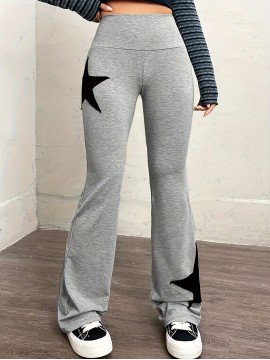 Star Pattern Flare Leg Pants, Casual High Waist Slim Pants, Women's Clothing