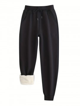 Winter Plush Thermal Pants, Casual Drawstring Pocket Pants, Women's Clothing