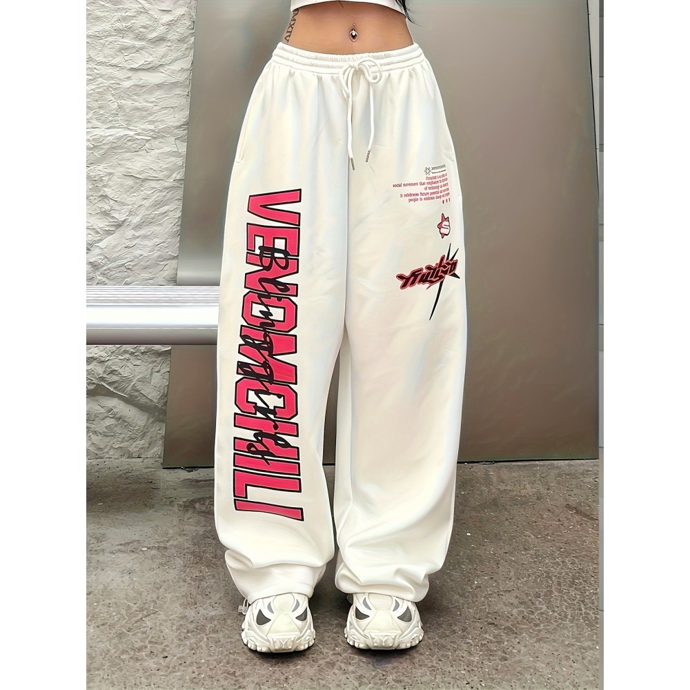 Letter Print Drawstring Waist Loose Pants, Casual Hip-hop Streetwear Pants, Women's Clothing Letter Print Drawstring Waist Loose Pants, Casual Hip-hop Streetwear Pants, Women's Clothing