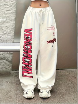 Letter Print Drawstring Waist Loose Pants, Casual Hip-hop Streetwear Pants, Women's Clothing
