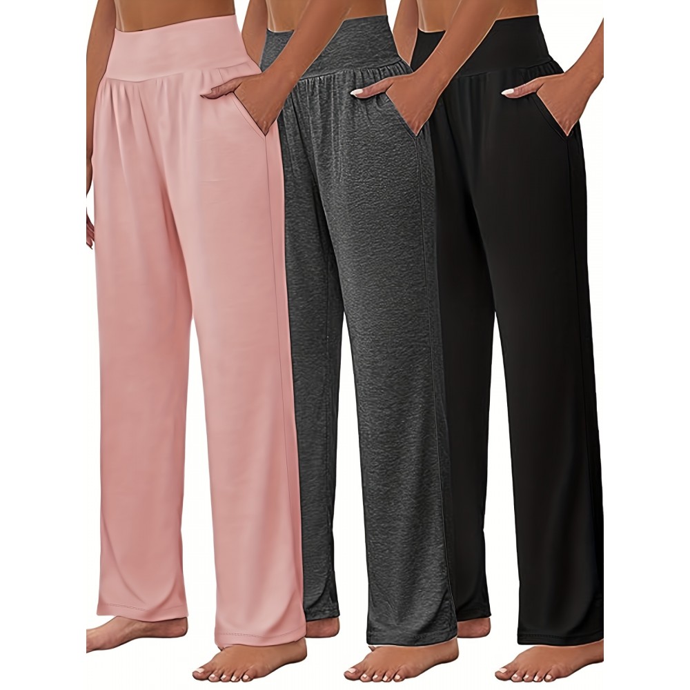 Solid High Waist Pants 3 Pack, Casual Comfy Straight Leg Pants, Women's Clothing Solid High Waist Pants 3 Pack, Casual Comfy Straight Leg Pants, Women's Clothing