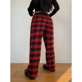 Plaid Print Straight Leg Pants, Casual Drawstring Waist Comfy Pants, Women's Clothing Plaid Print Straight Leg Pants, Casual Drawstring Waist Comfy Pants, Women's Clothing