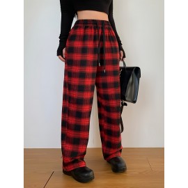 Plaid Print Straight Leg Pants, Casual Drawstring Waist Comfy Pants, Women's Clothing Plaid Print Straight Leg Pants, Casual Drawstring Waist Comfy Pants, Women's Clothing