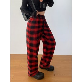 Plaid Print Straight Leg Pants, Casual Drawstring Waist Comfy Pants, Women's Clothing Plaid Print Straight Leg Pants, Casual Drawstring Waist Comfy Pants, Women's Clothing