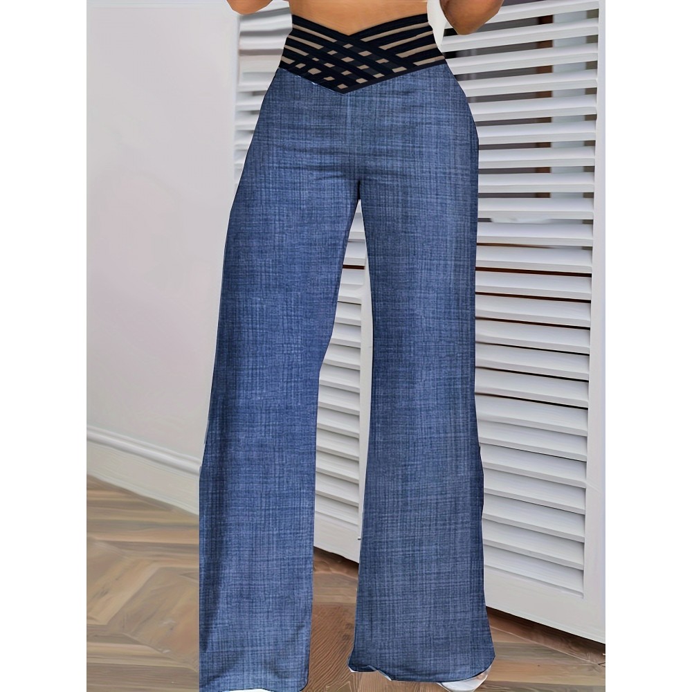 Cross Waist Wide Leg Pants, Casual Loose Mesh Stitching Pants, Women's Clothing Cross Waist Wide Leg Pants, Casual Loose Mesh Stitching Pants, Women's Clothing