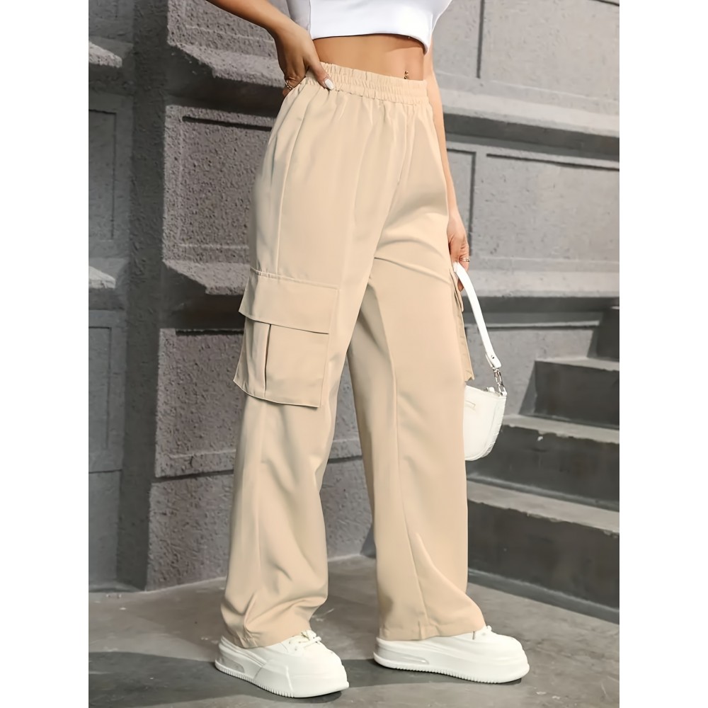 Straight Leg Cargo Pants, Y2K High Waist Solid Pants For Spring & Fall, Women's Clothing Straight Leg Cargo Pants, Y2K High Waist Solid Pants For Spring & Fall, Women's Clothing