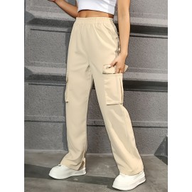 Straight Leg Cargo Pants, Y2K High Waist Solid Pants For Spring & Fall, Women's Clothing Straight Leg Cargo Pants, Y2K High Waist Solid Pants For Spring & Fall, Women's Clothing