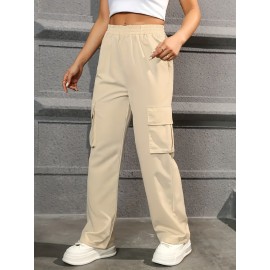 Straight Leg Cargo Pants, Y2K High Waist Solid Pants For Spring & Fall, Women's Clothing Straight Leg Cargo Pants, Y2K High Waist Solid Pants For Spring & Fall, Women's Clothing