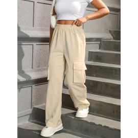 Straight Leg Cargo Pants, Y2K High Waist Solid Pants For Spring & Fall, Women's Clothing Straight Leg Cargo Pants, Y2K High Waist Solid Pants For Spring & Fall, Women's Clothing