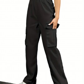 Straight Leg Cargo Pants, Y2K High Waist Solid Pants For Spring & Fall, Women's Clothing Straight Leg Cargo Pants, Y2K High Waist Solid Pants For Spring & Fall, Women's Clothing