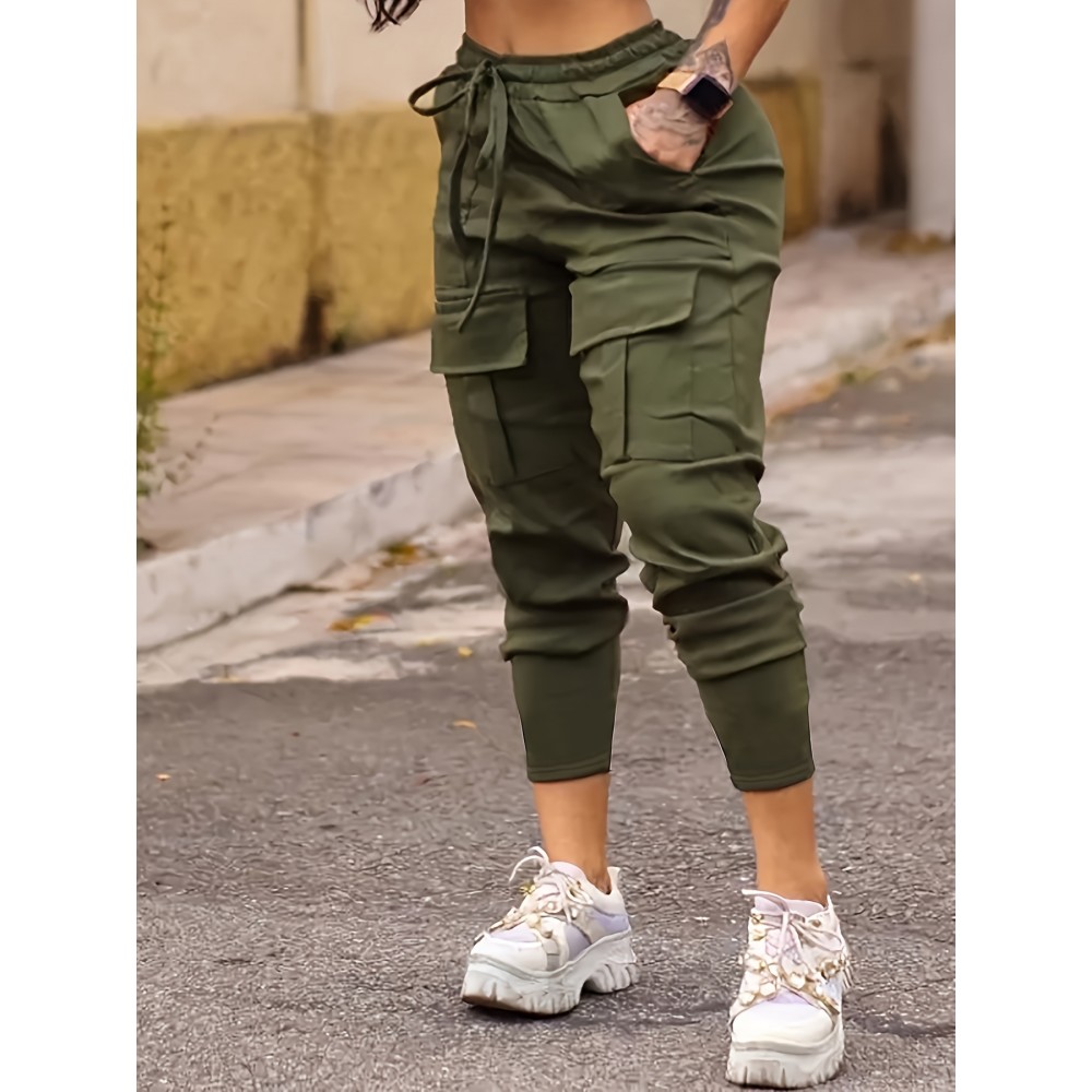 Solid Flap Pocket Jogger Cargo Pants, Casual Drawstring Pants For Spring & Fall, Women's Clothing Solid Flap Pocket Jogger Cargo Pants, Casual Drawstring Pants For Spring & Fall, Women's Clothing