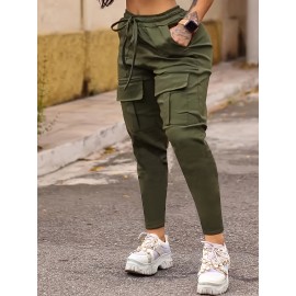 Solid Flap Pocket Jogger Cargo Pants, Casual Drawstring Pants For Spring & Fall, Women's Clothing Solid Flap Pocket Jogger Cargo Pants, Casual Drawstring Pants For Spring & Fall, Women's Clothing