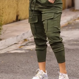 Solid Flap Pocket Jogger Cargo Pants, Casual Drawstring Pants For Spring & Fall, Women's Clothing Solid Flap Pocket Jogger Cargo Pants, Casual Drawstring Pants For Spring & Fall, Women's Clothing