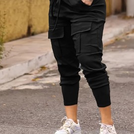 Solid Flap Pocket Jogger Cargo Pants, Casual Drawstring Pants For Spring & Fall, Women's Clothing Solid Flap Pocket Jogger Cargo Pants, Casual Drawstring Pants For Spring & Fall, Women's Clothing