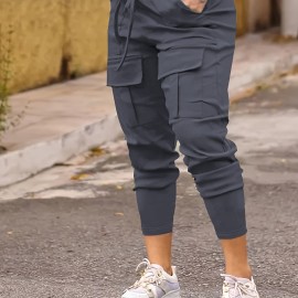 Solid Flap Pocket Jogger Cargo Pants, Casual Drawstring Pants For Spring & Fall, Women's Clothing Solid Flap Pocket Jogger Cargo Pants, Casual Drawstring Pants For Spring & Fall, Women's Clothing