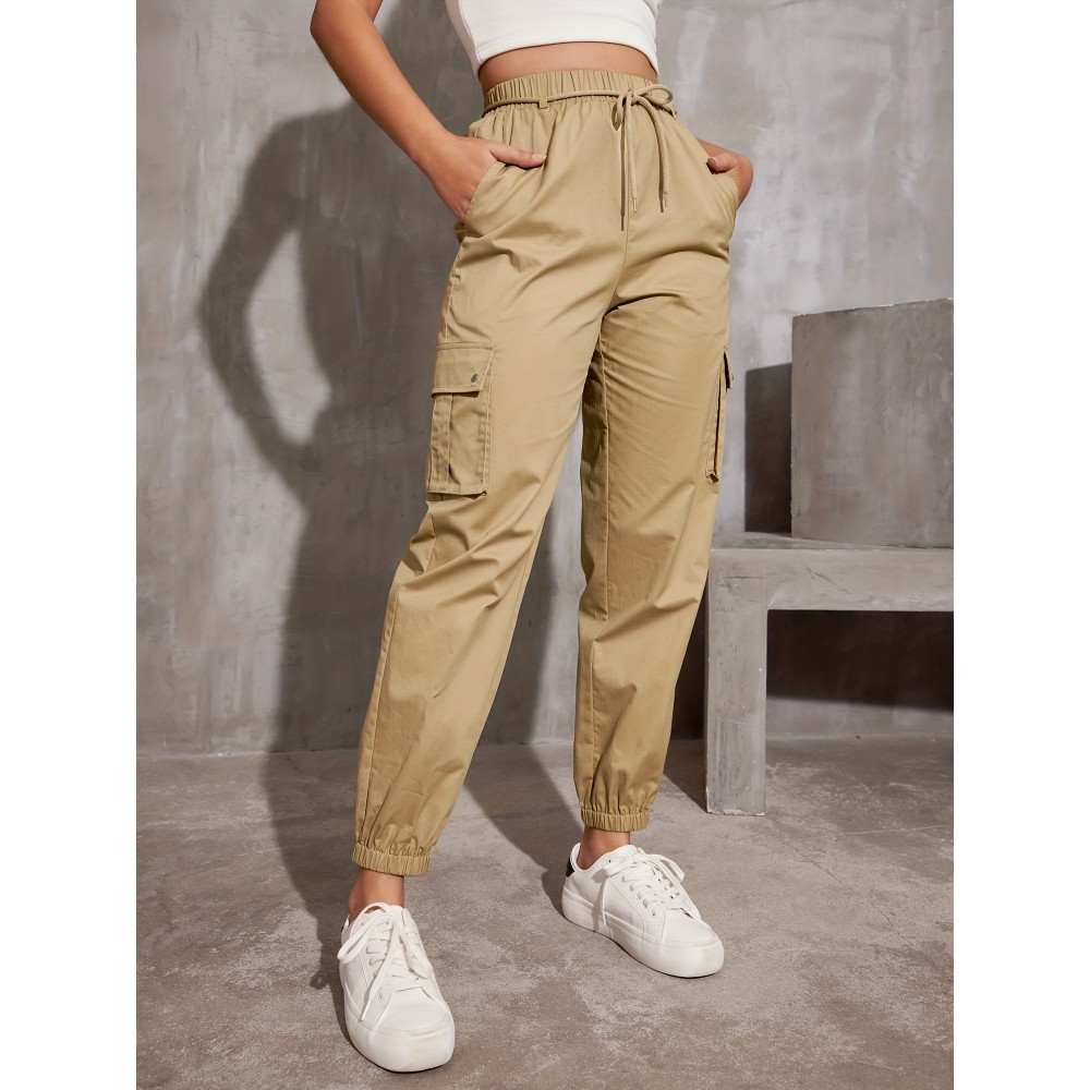 Y2K Solid Pockets Drawstring Cargo Pants, Casual Loose Baggy Pants For All Seasons, Women's Clothing Y2K Solid Pockets Drawstring Cargo Pants, Casual Loose Baggy Pants For All Seasons, Women's Clothing