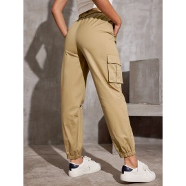 Y2K Solid Pockets Drawstring Cargo Pants, Casual Loose Baggy Pants For All Seasons, Women's Clothing Y2K Solid Pockets Drawstring Cargo Pants, Casual Loose Baggy Pants For All Seasons, Women's Clothing