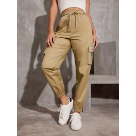 Y2K Solid Pockets Drawstring Cargo Pants, Casual Loose Baggy Pants For All Seasons, Women's Clothing Y2K Solid Pockets Drawstring Cargo Pants, Casual Loose Baggy Pants For All Seasons, Women's Clothing