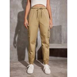 Y2K Solid Pockets Drawstring Cargo Pants, Casual Loose Baggy Pants For All Seasons, Women's Clothing Y2K Solid Pockets Drawstring Cargo Pants, Casual Loose Baggy Pants For All Seasons, Women's Clothing